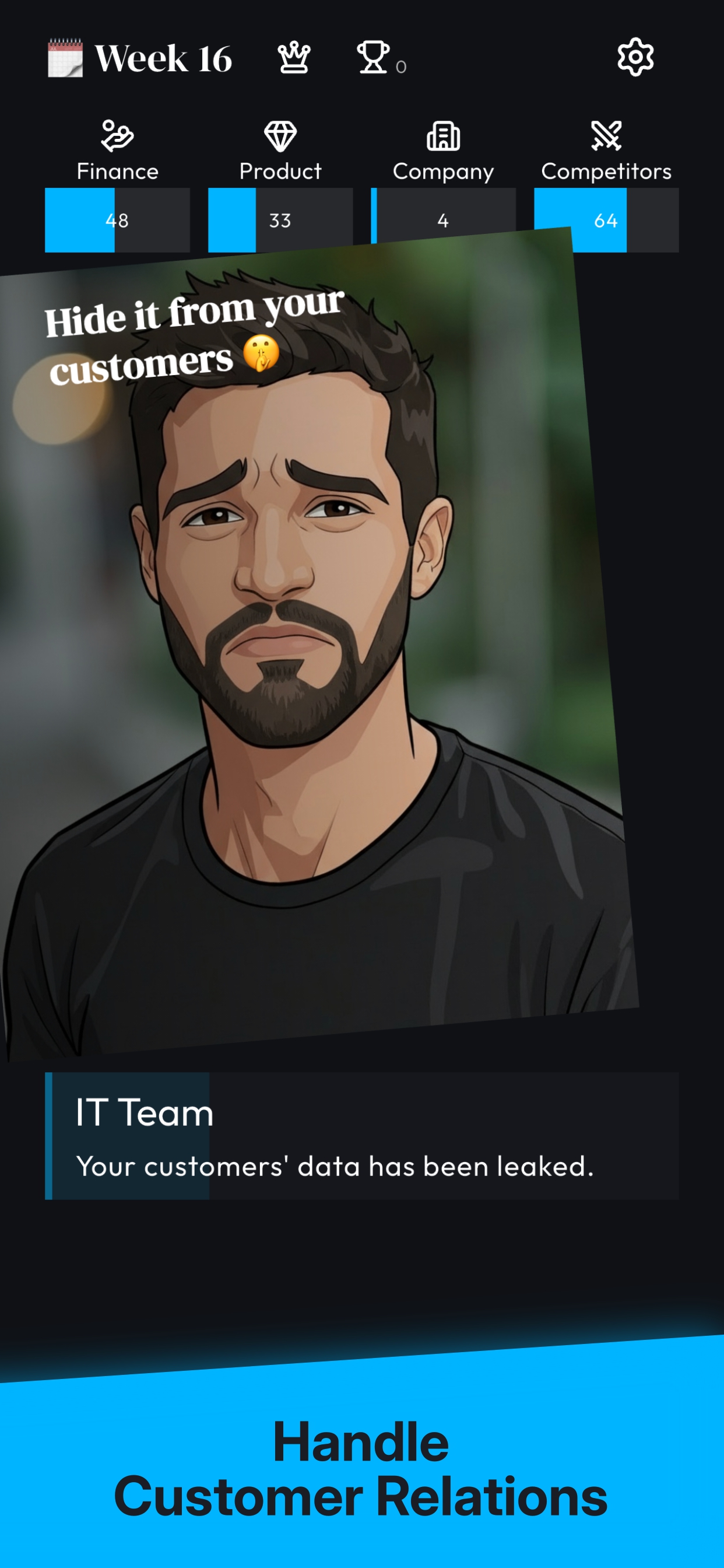 Founder's RPG: Tycoon gameplay featuring reigns-style decisions and empire expansion