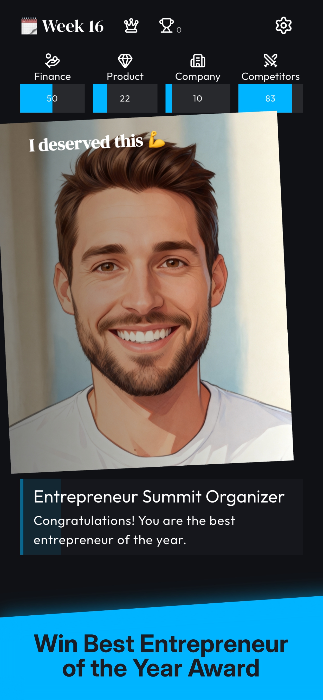 Founder's RPG: Tycoon screenshot showing business survival achievements and offline progress
